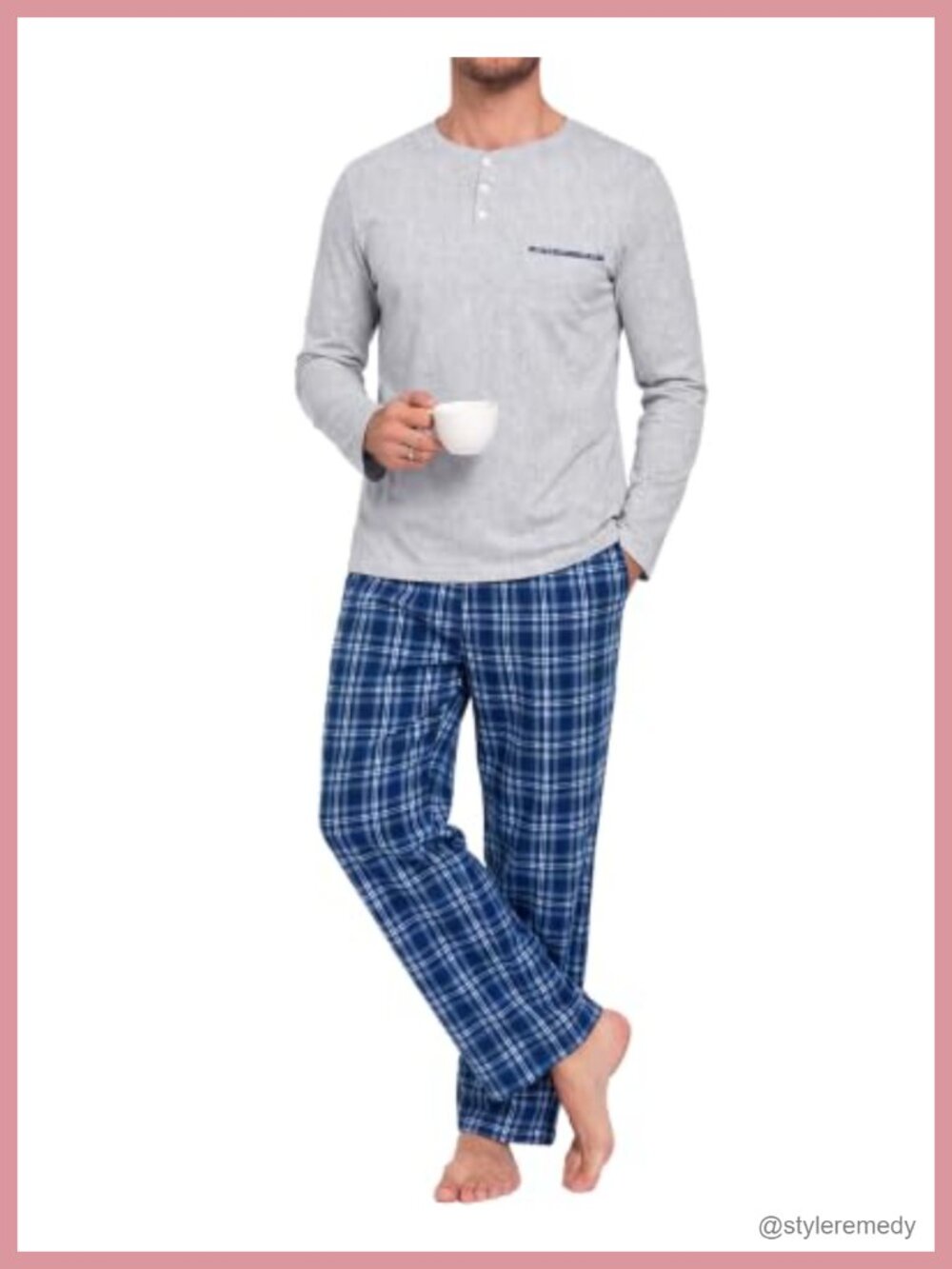 Mens 100% Cotton Henley Pajama Set Plaid Pants Sleepwear